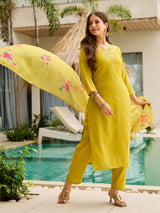 Lime Green Thread Rayon Slub Kurta Set with Dupatta V-Neck
