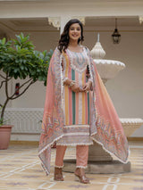 Orange Embroidery Rayon Slub Kurta Set