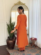 Orange Embroidery Rayon Kurta Set
