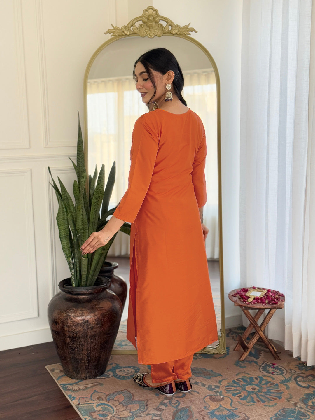 Orange Embroidery Rayon Kurta Set