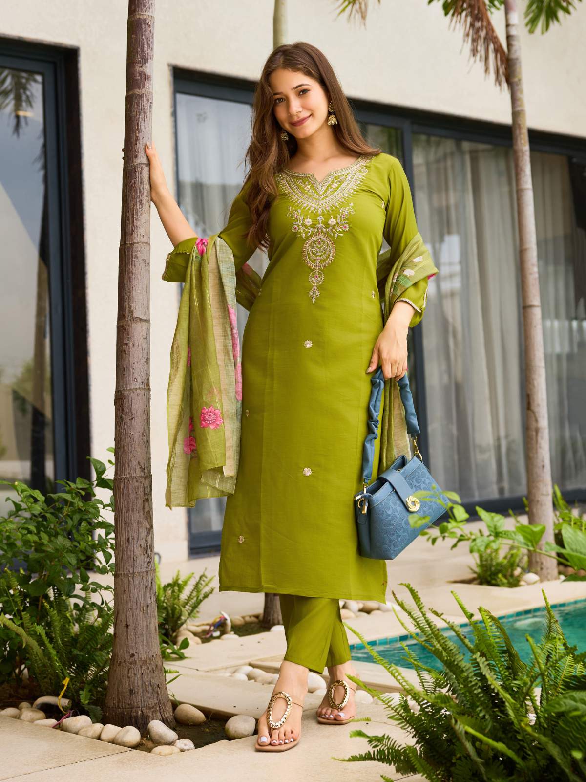Green Embroidared Viscose Kurta Set