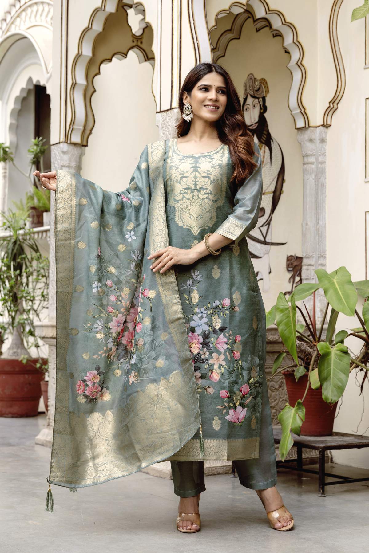 Grey Printed Woven Design Chanderi Cotton Kurta Set