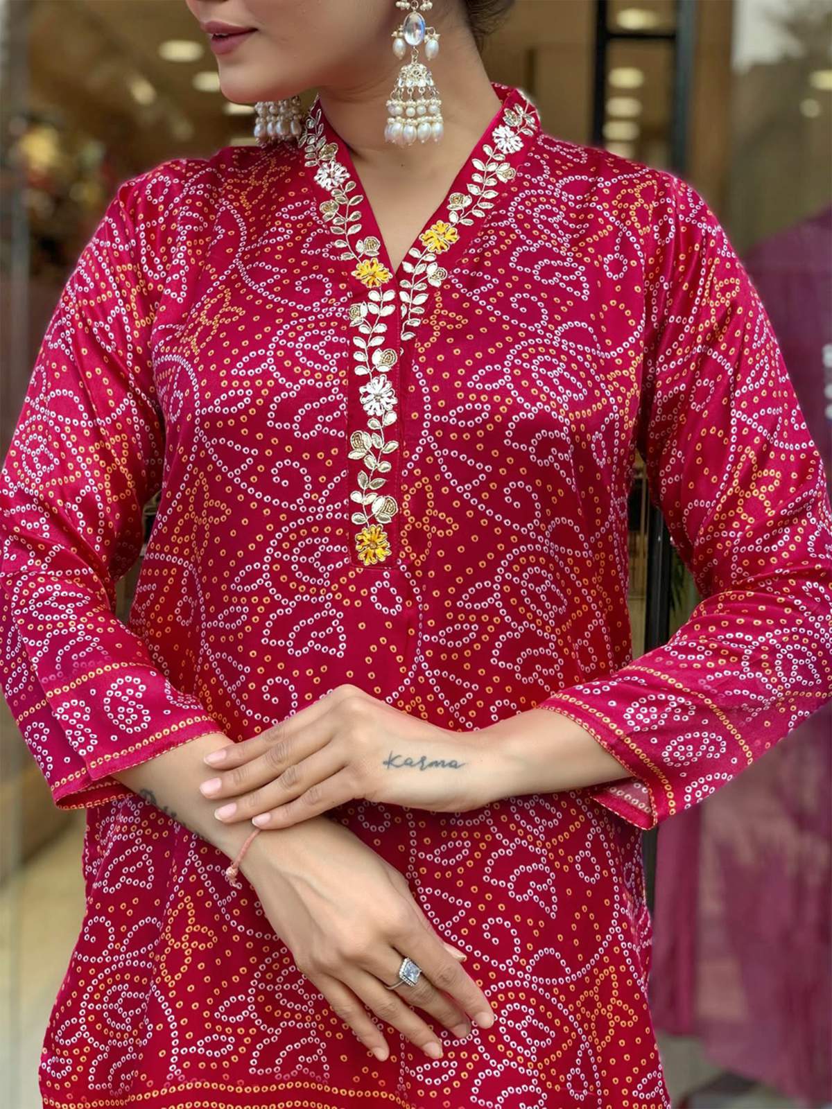 Navy Hand Printed With Embroidery Viscose Silk Kurta Set