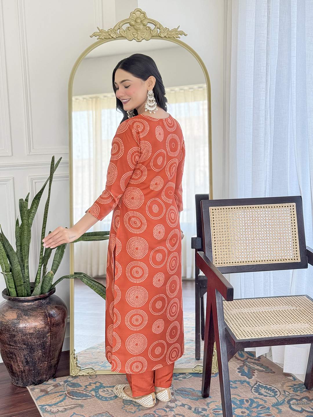 Orange Embroidery Rayon Kurta Set