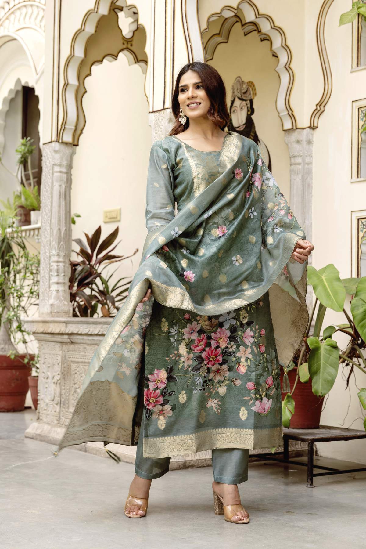 Grey Printed Woven Design Chanderi Cotton Kurta Set