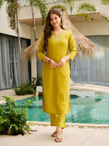 Lime Green Thread Rayon Slub Kurta Set with Dupatta V-Neck