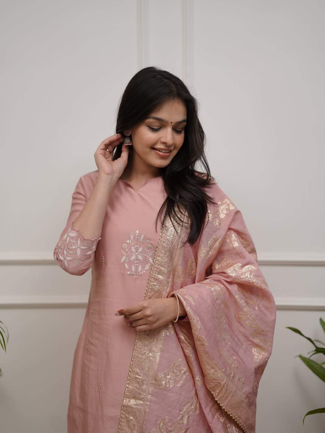 Peach Embroidery Pv Chanderi Kurta Set