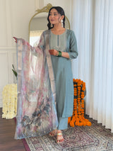 Dusty Teal Thread Bsy Viscose Kurta Set with Dupatta