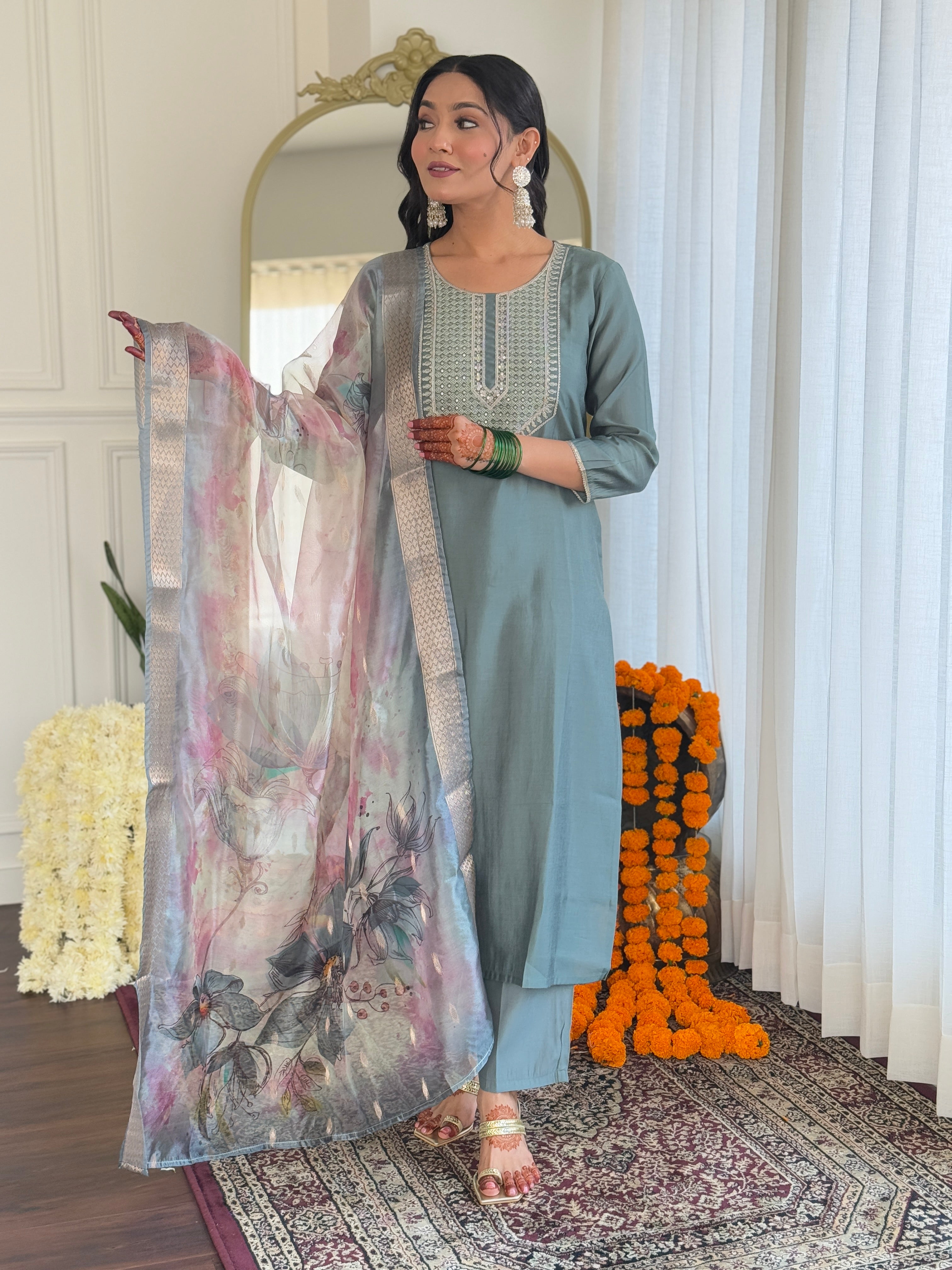 Dusty Teal Thread Bsy Viscose Kurta Set with Dupatta