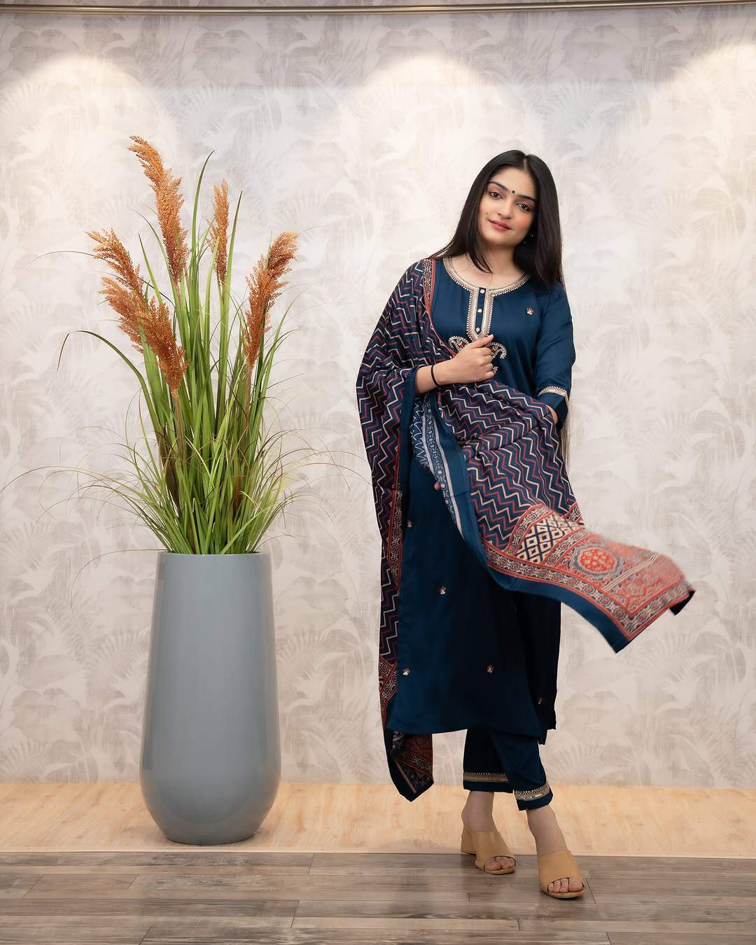 Hand Printed With Embroidery Chanderi Silk Kurta Set