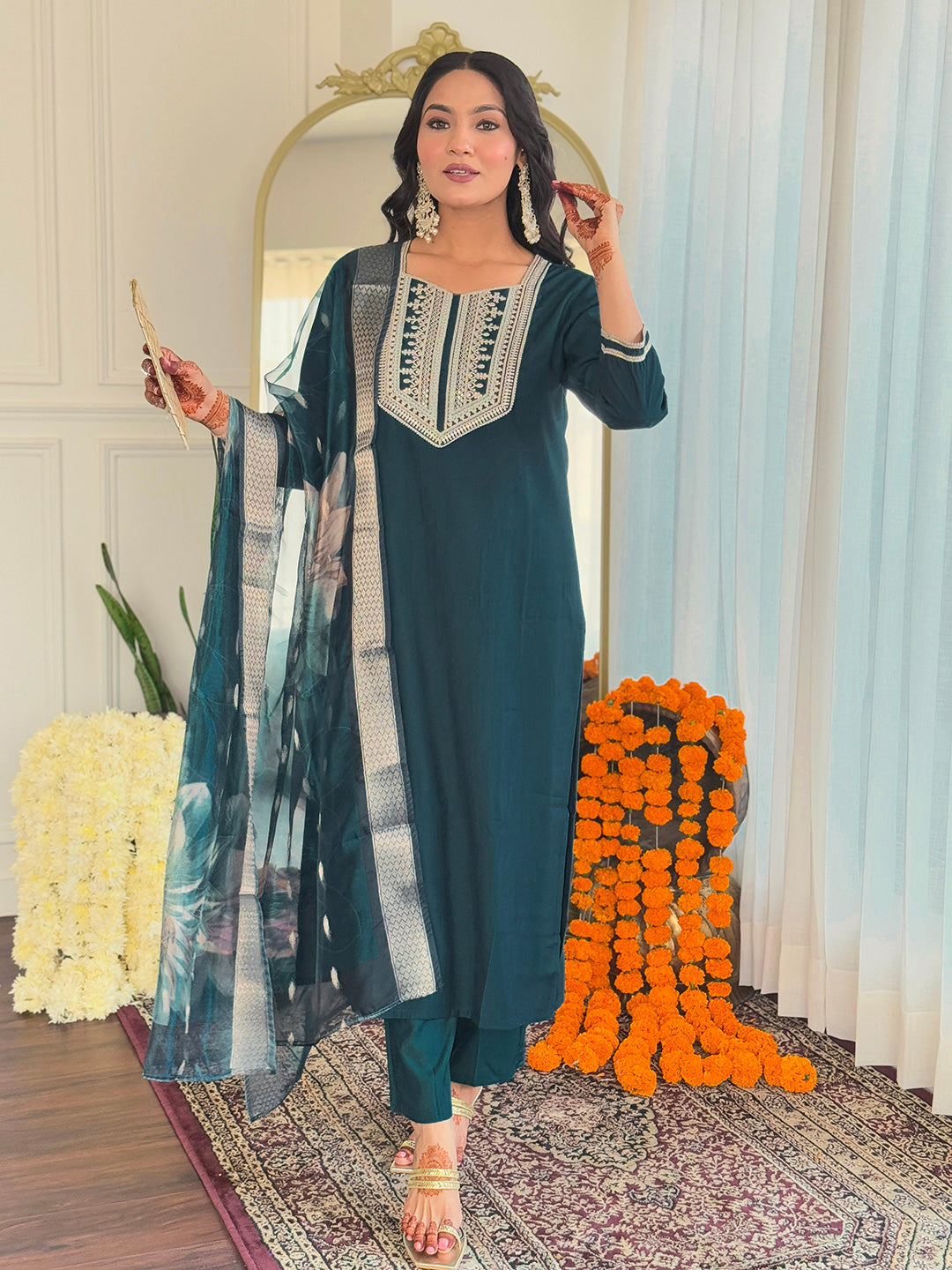Dark Teal Thread Bsy Viscose Kurta Set with Dupatta Square Neck