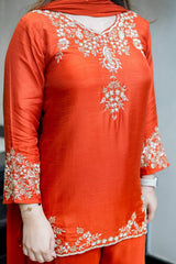 Orange Embroidared Natural Crepe (top Lebgth-31) Kurta Set