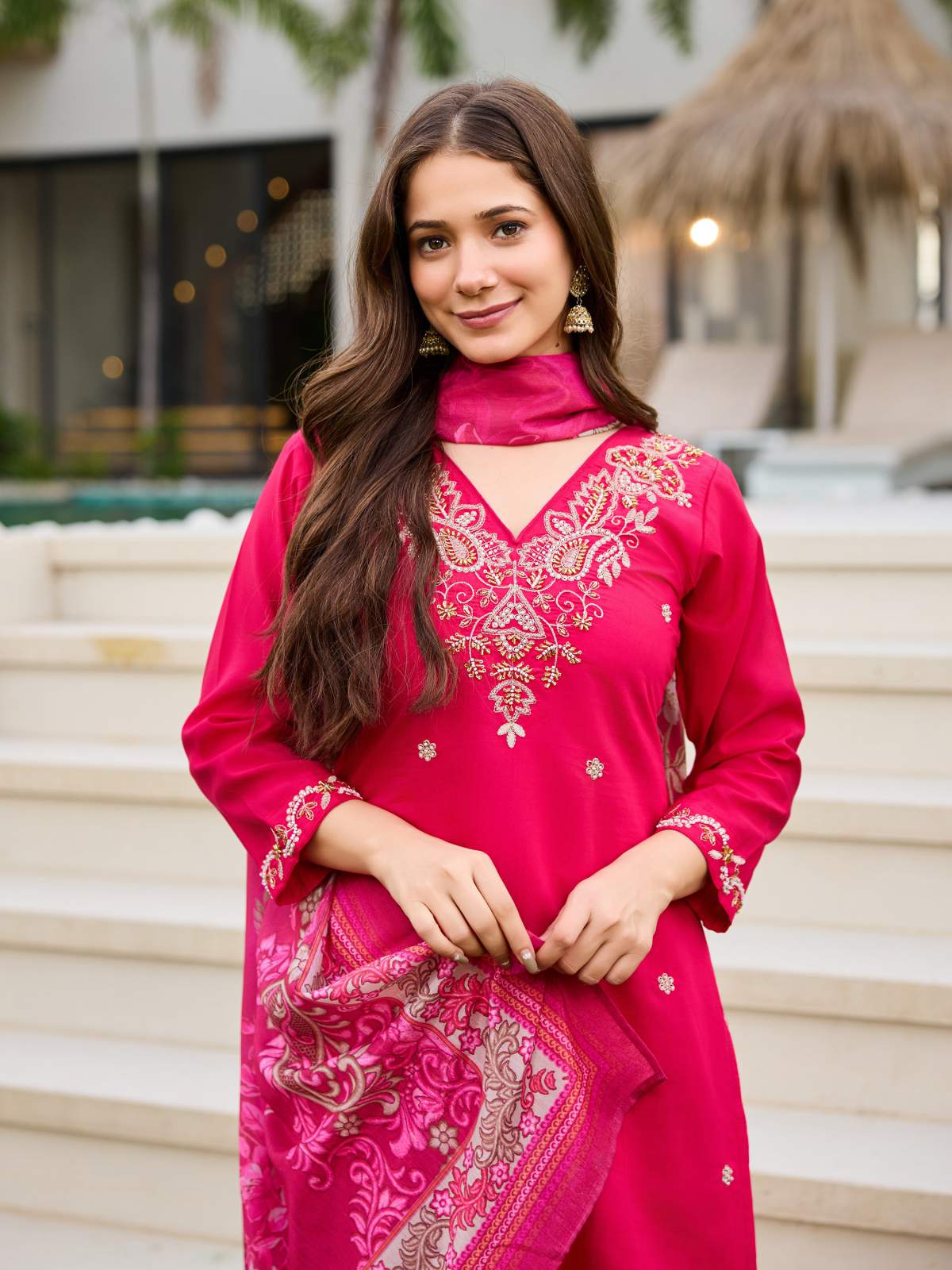 Pink Embroidared Beads Roman Silk With Cotton Lining Kurta Set