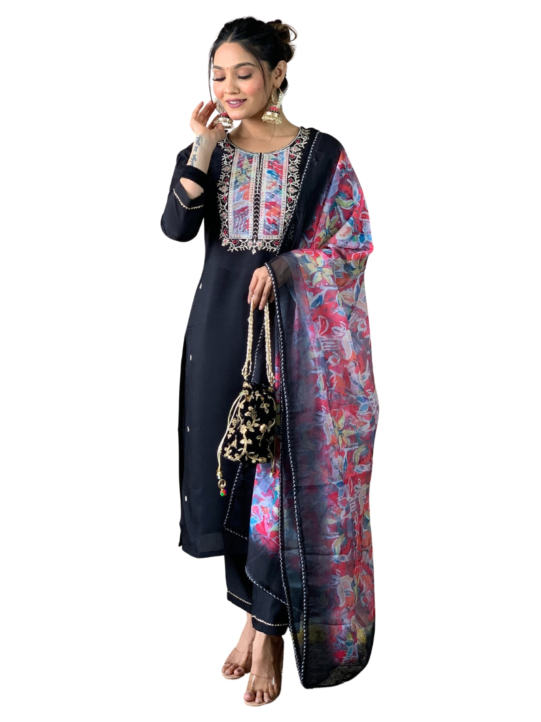 Black Thread Rayon Slub Kurta Set with Dupatta