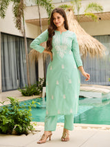 Mint Green Chikankari, Thread Cotton Kurta Set with Dupatta