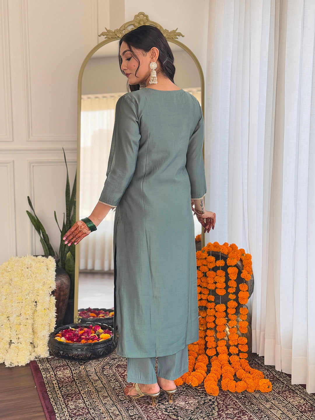 Dusty Teal Thread Bsy Viscose Kurta Set with Dupatta