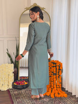 Dusty Teal Thread Bsy Viscose Kurta Set with Dupatta