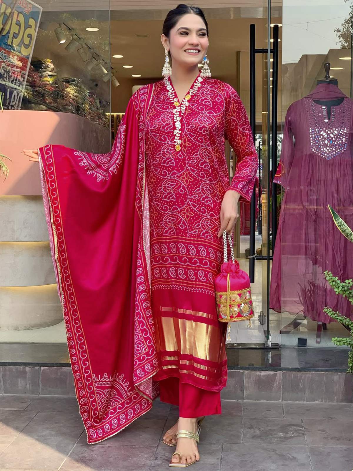 Navy Hand Printed With Embroidery Viscose Silk Kurta Set