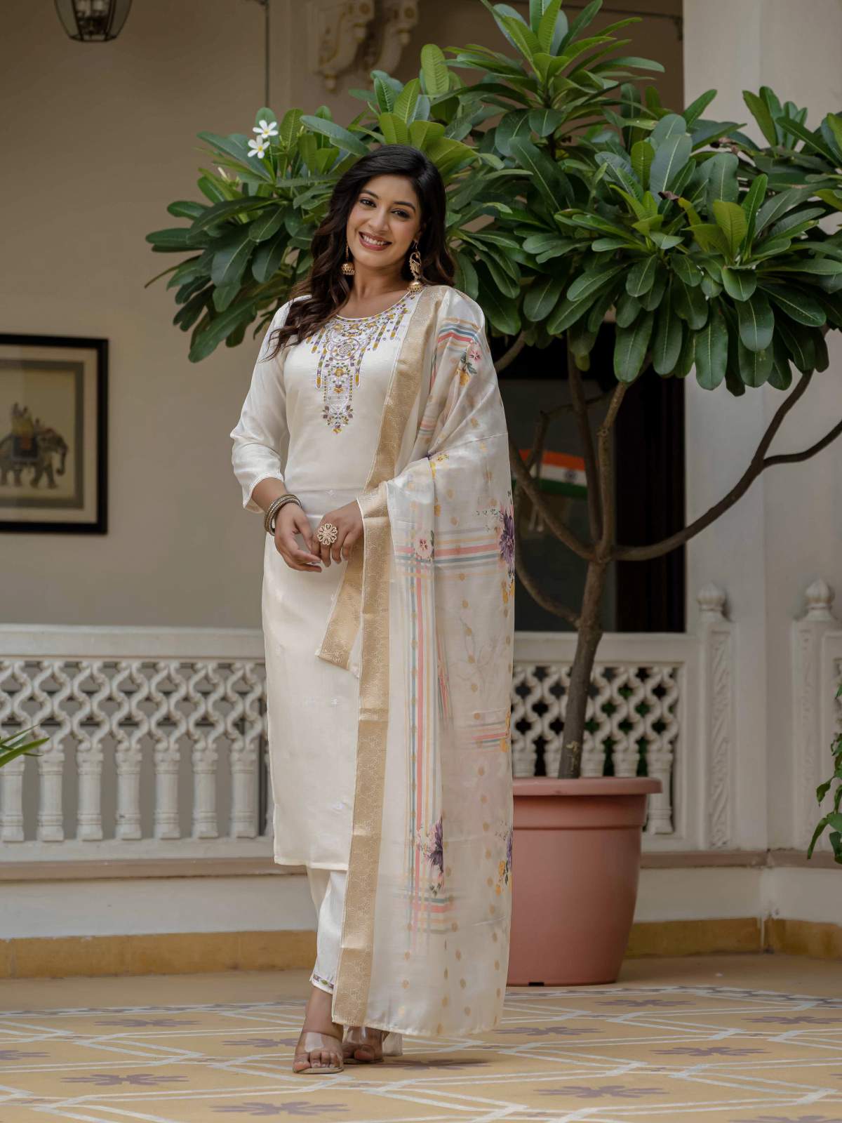 White Embroidery Roman Silk With Cotton Lining Kurta Set