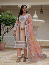 Orange Embroidery Rayon Slub Kurta Set