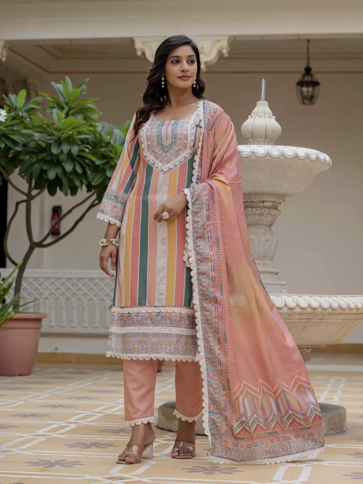 Orange Embroidery Rayon Slub Kurta Set
