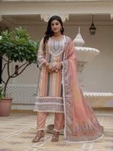 Orange Embroidery Rayon Slub Kurta Set