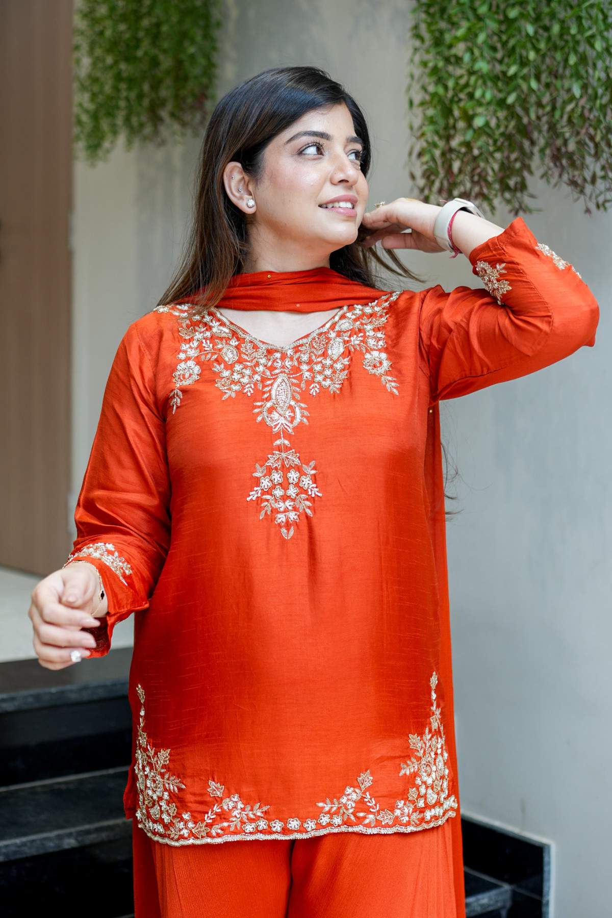 Orange Embroidared Natural Crepe (top Lebgth-31) Kurta Set