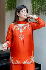 Orange Embroidared Natural Crepe (top Lebgth-31) Kurta Set