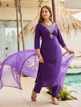 Purple Thread Rayon Slub Kurta Set with Dupatta V-Neck