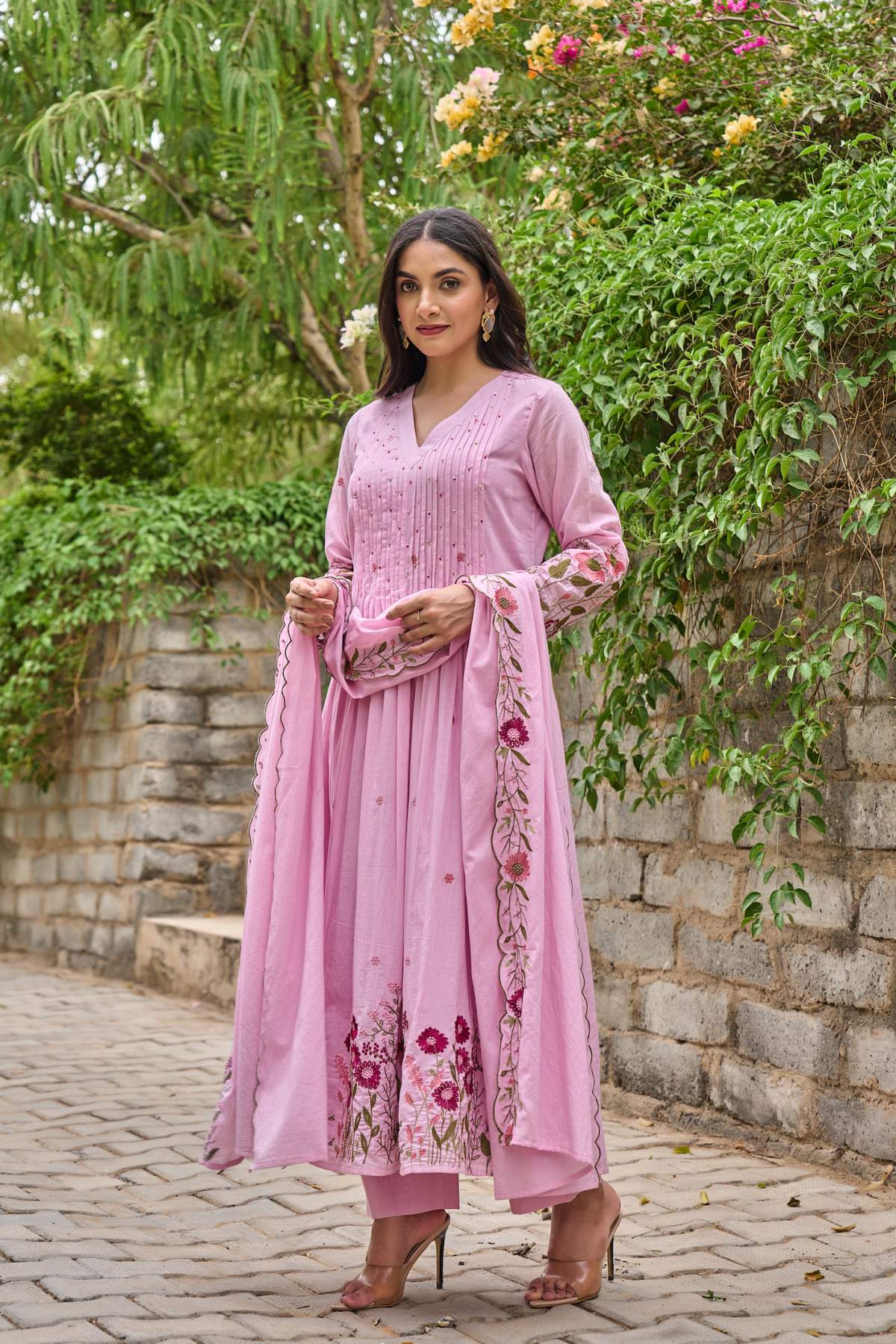 Pink Embroidared + Hand Work Chanderi Silk Kurta Set