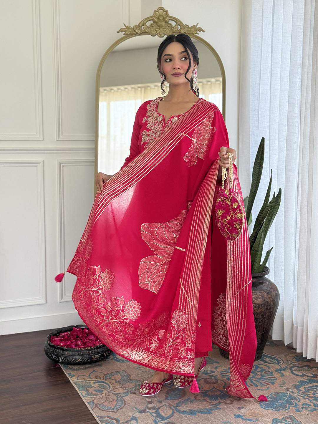 Pink Embroidery Roman Silk Kurta Set