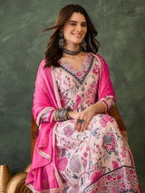 Cream Embroidared Rayon Kurta Set