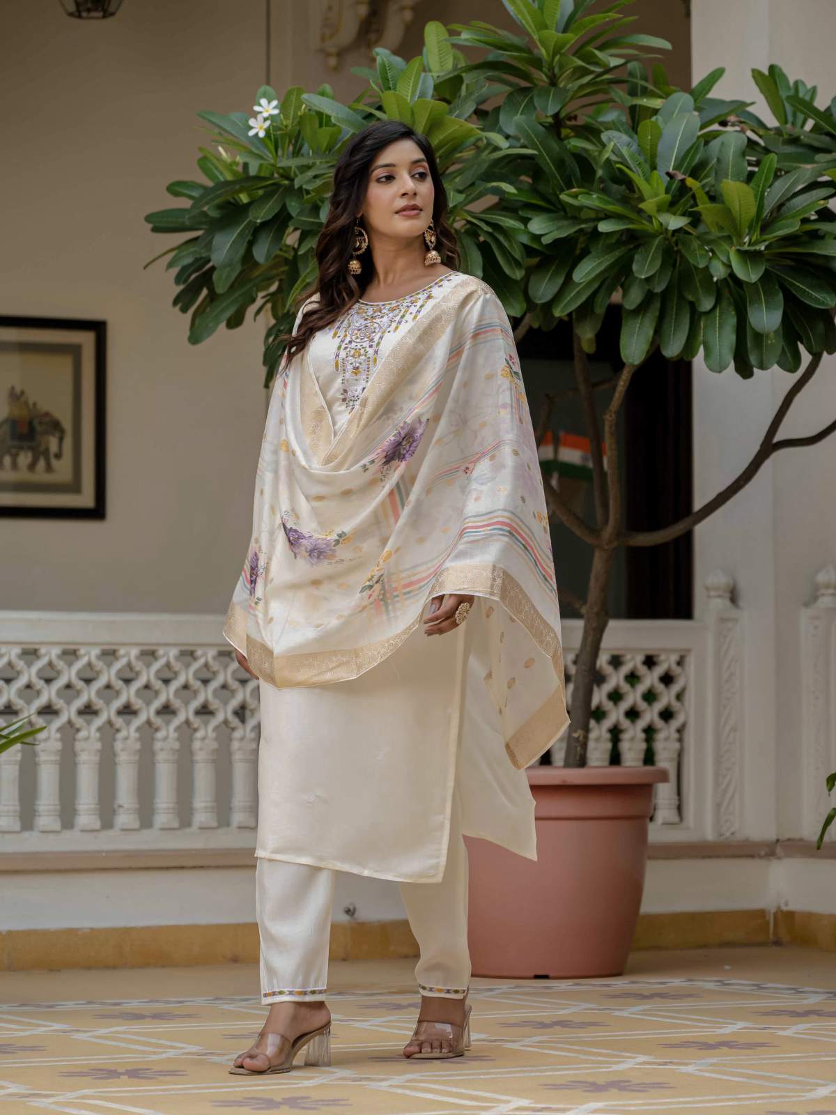 White Embroidery Roman Silk With Cotton Lining Kurta Set