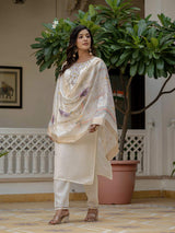 White Embroidery Roman Silk With Cotton Lining Kurta Set