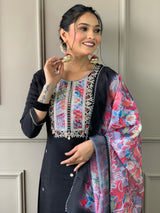 Black Thread Rayon Slub Kurta Set with Dupatta