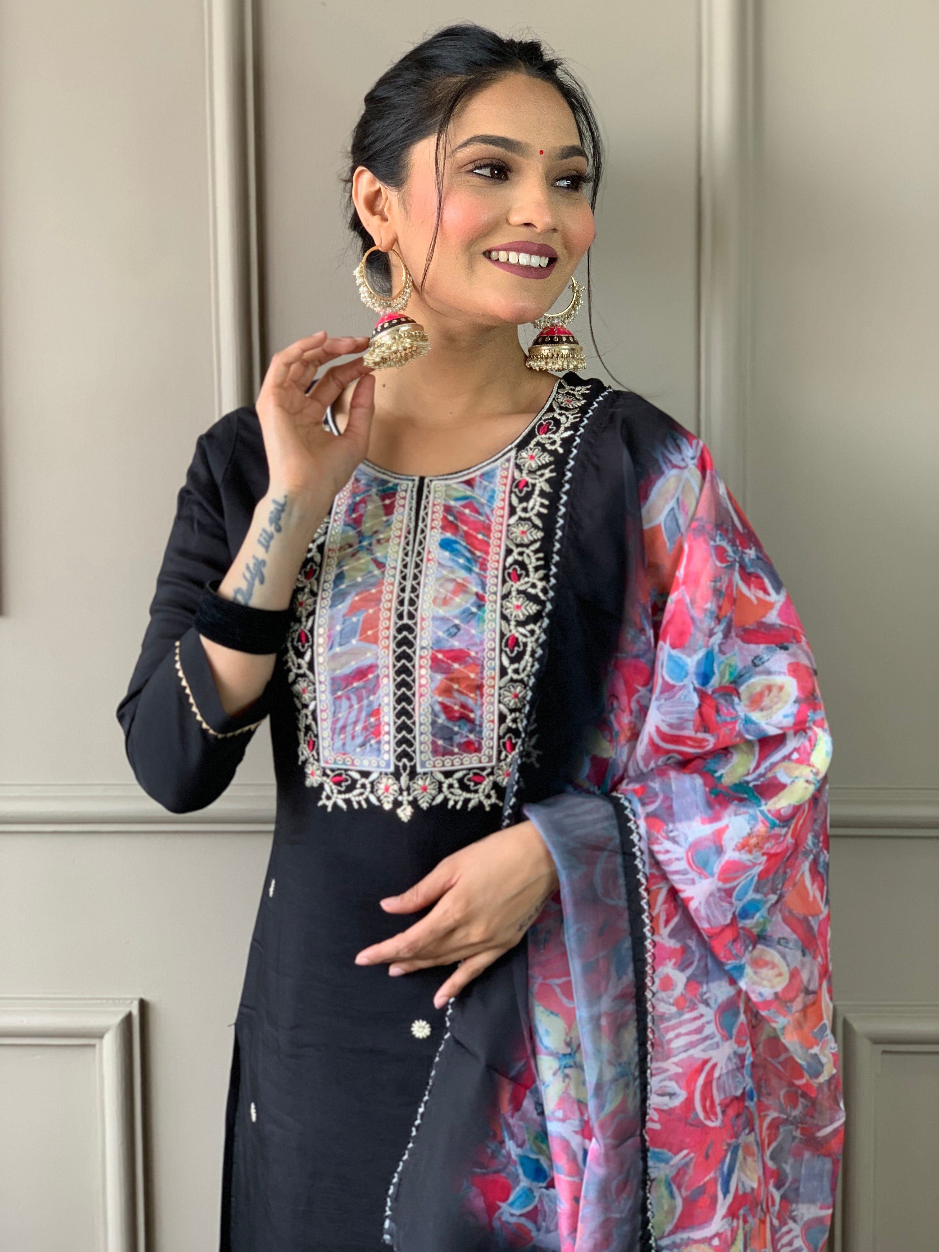 Black Thread Rayon Slub Kurta Set with Dupatta