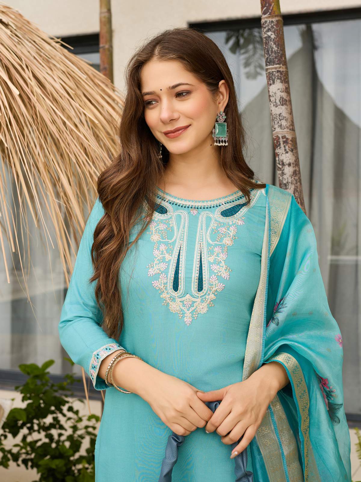 Aqua Blue Thread Viscose Kurta Set with Dupatta
