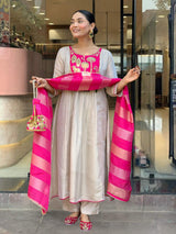 Pink Embroidared Silk Kurta Set