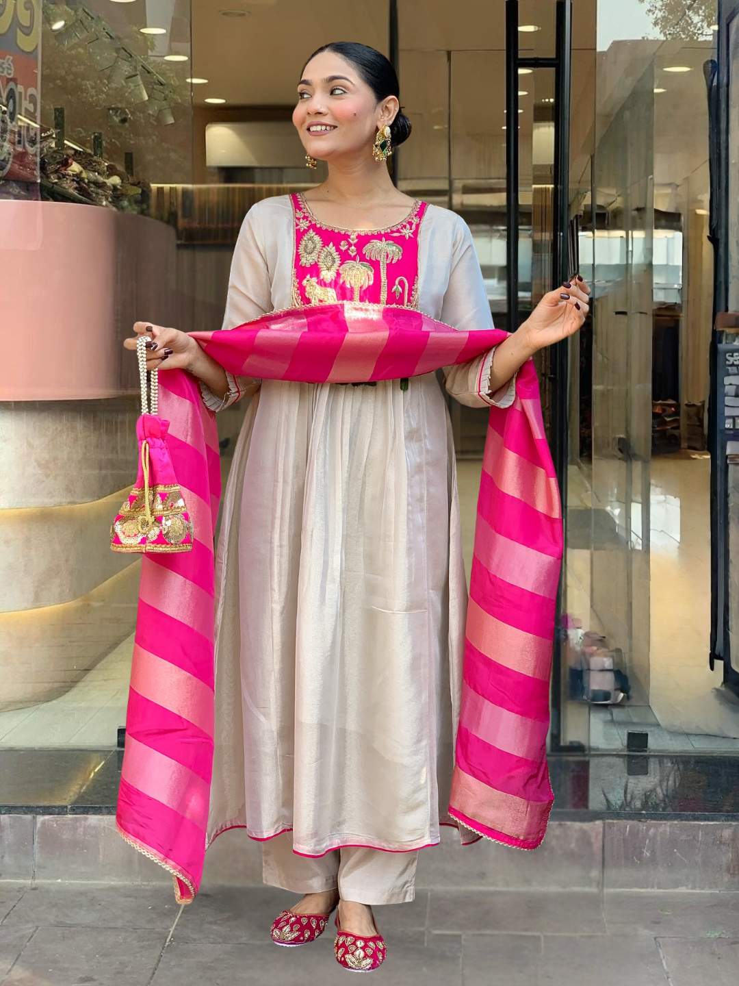 Pink Embroidared Silk Kurta Set
