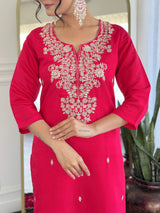 Pink Embroidery Roman Silk Kurta Set