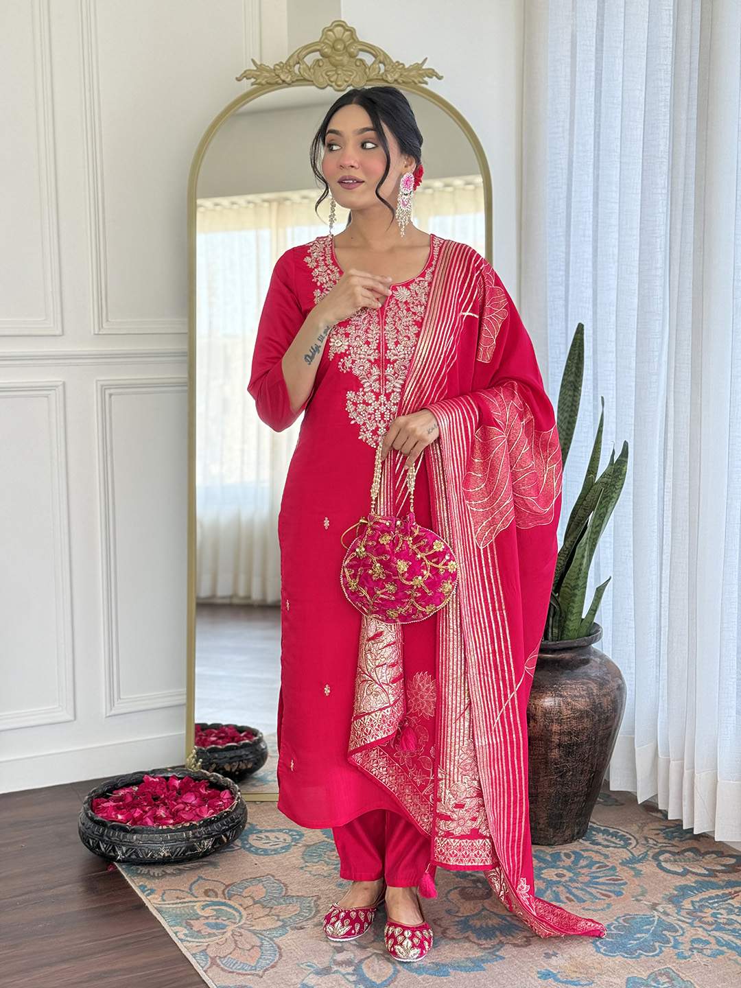 Pink Embroidery Roman Silk Kurta Set