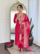Pink Embroidery Roman Silk Kurta Set