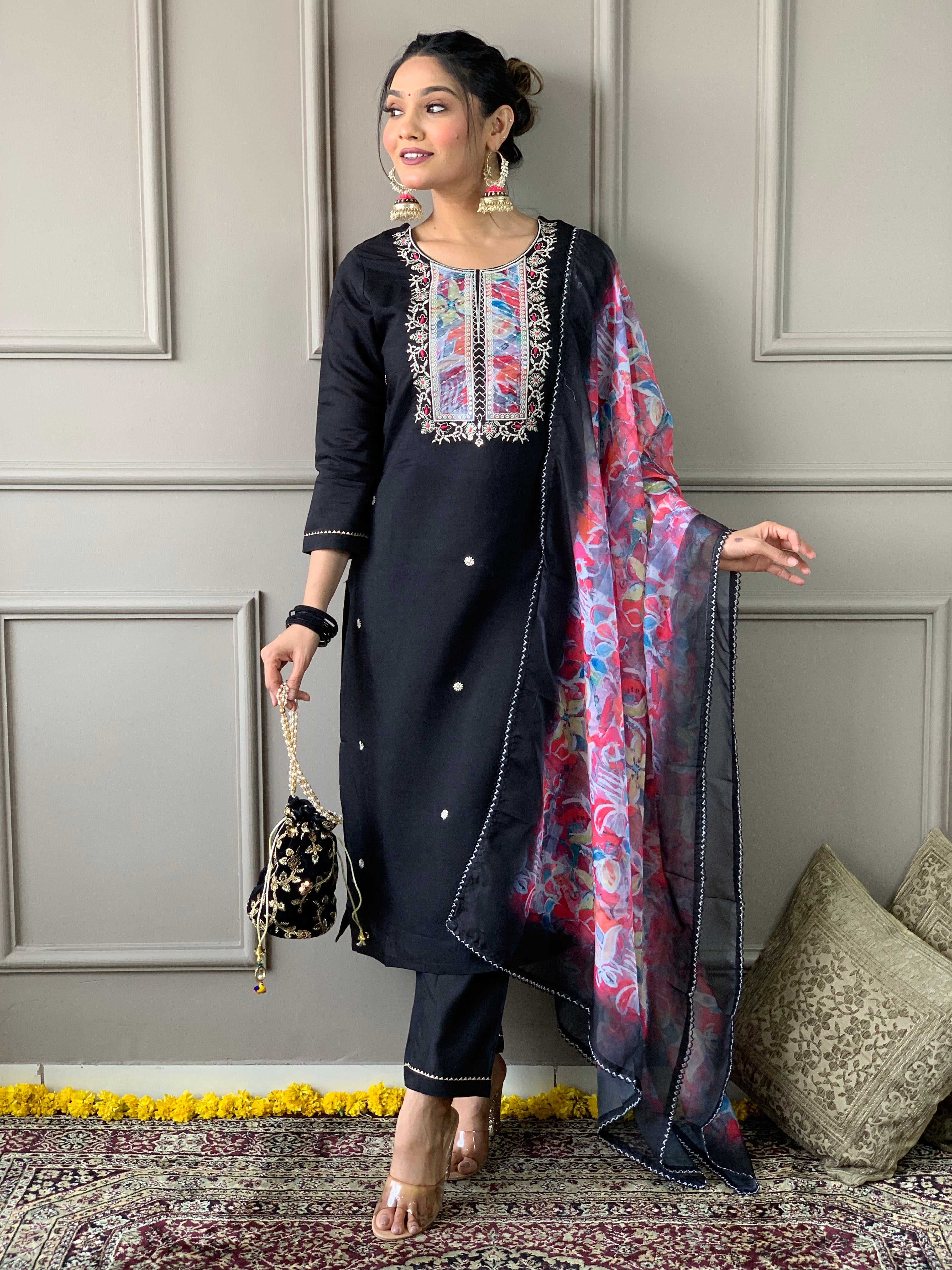 Black Thread Rayon Slub Kurta Set with Dupatta