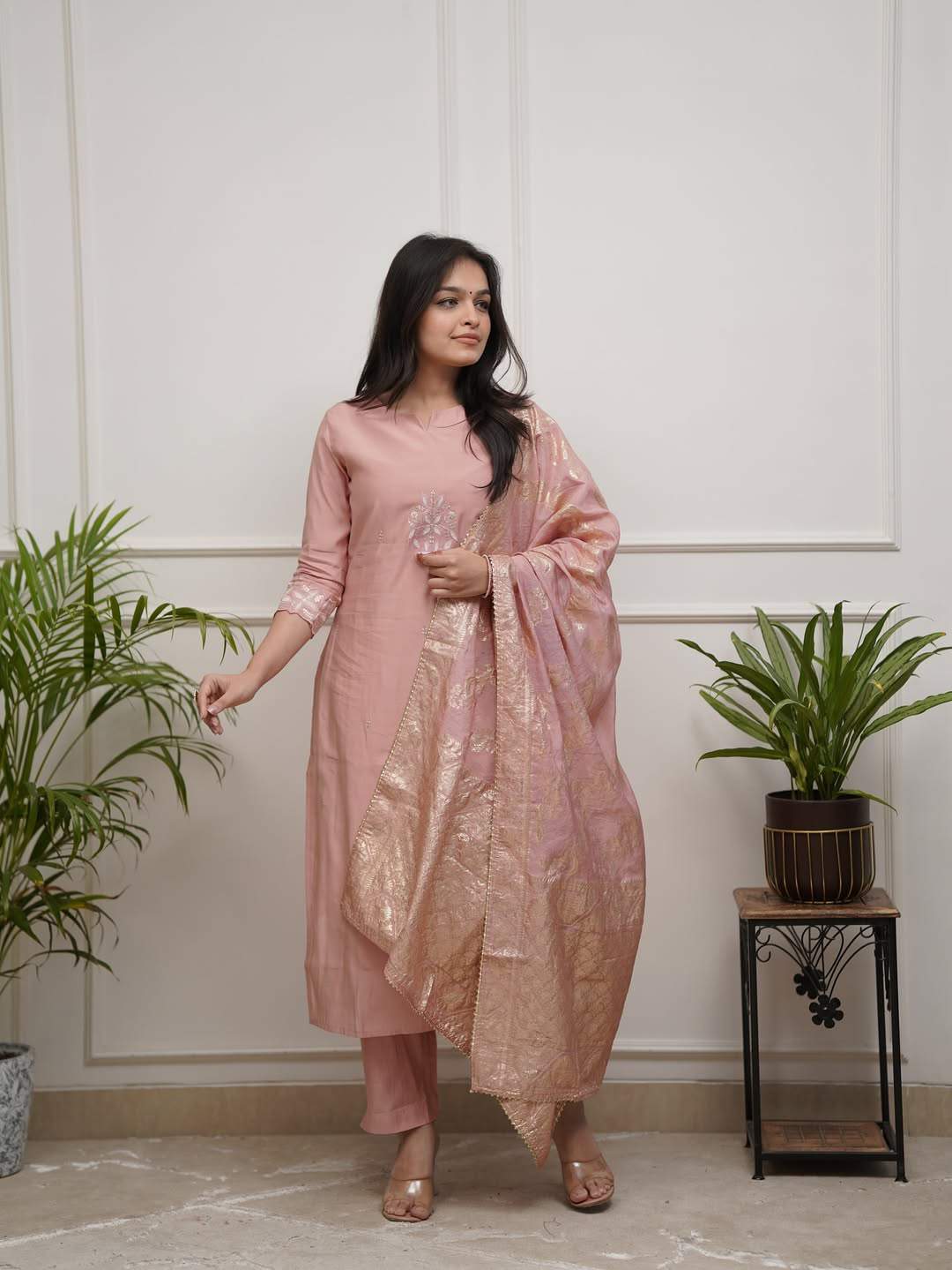 Peach Embroidery Pv Chanderi Kurta Set