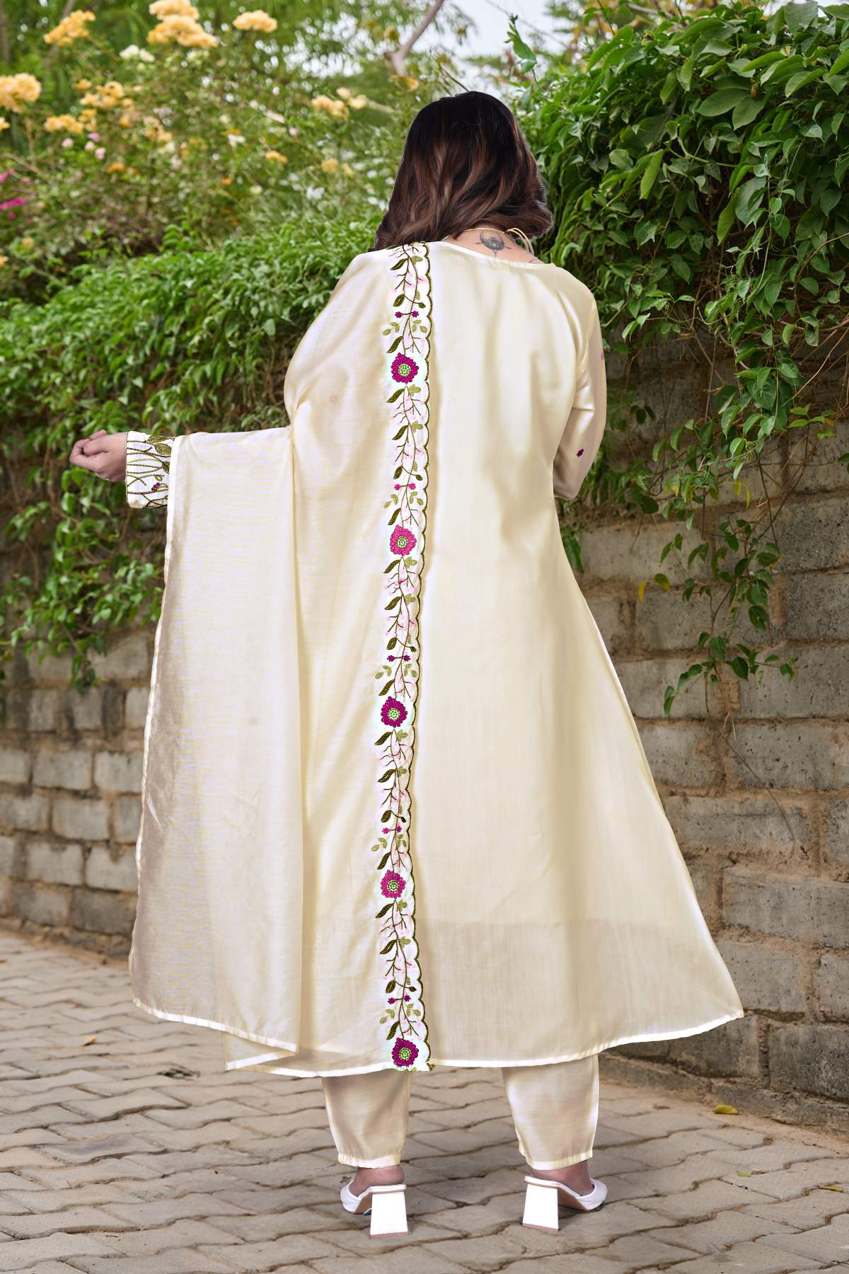 Pink Embroidared + Hand Work Chanderi Silk Kurta Set