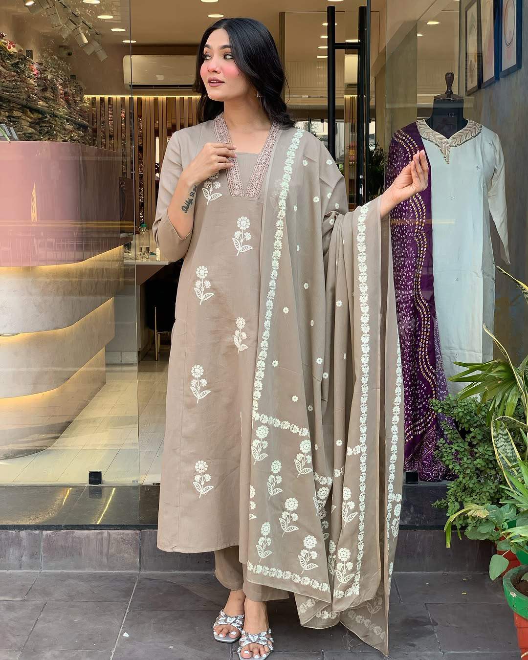 Cream Embroidared Cottan Kurta Set