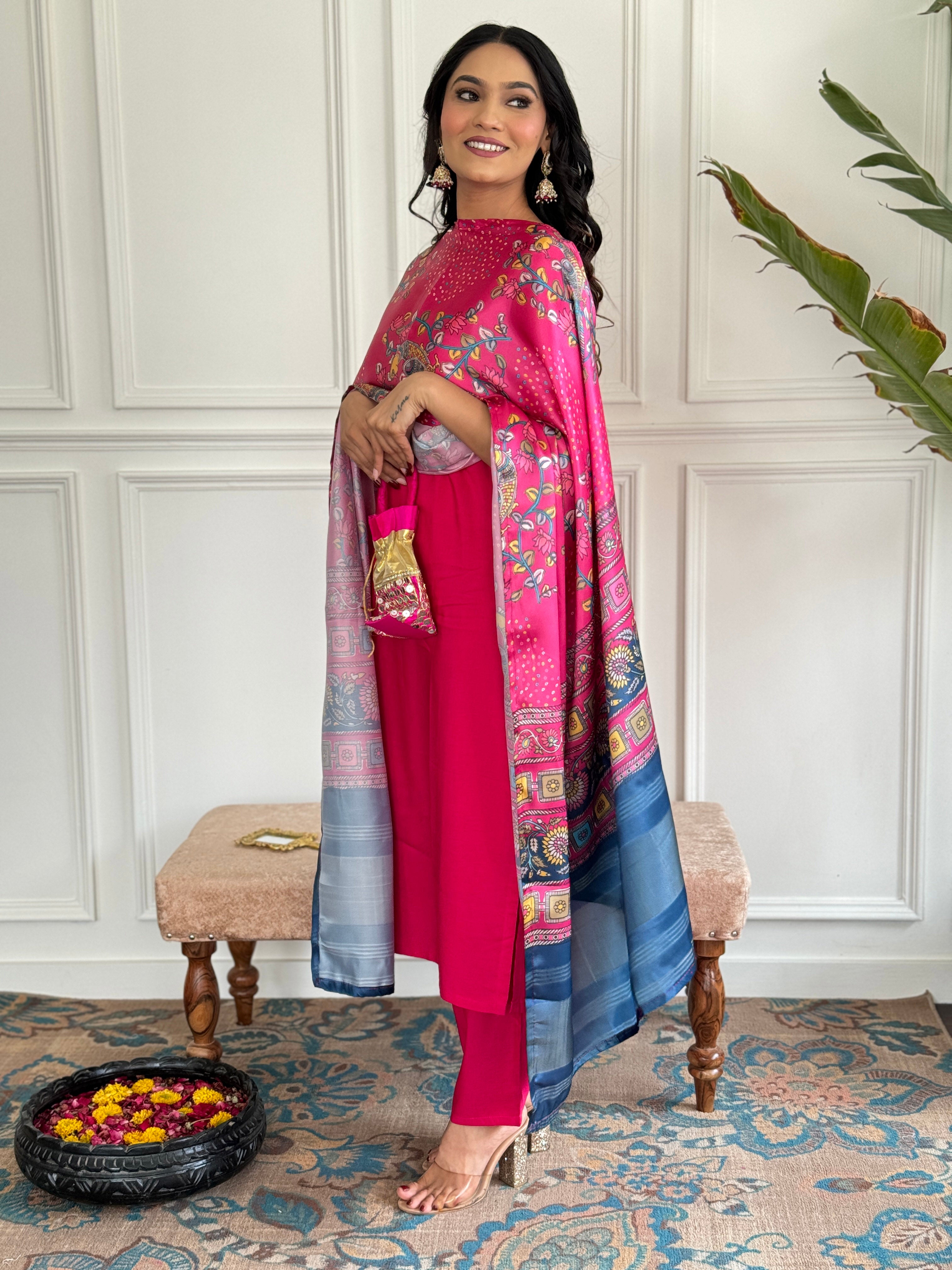 Hot Pink Thread Viscose Kurta Set with Dupatta