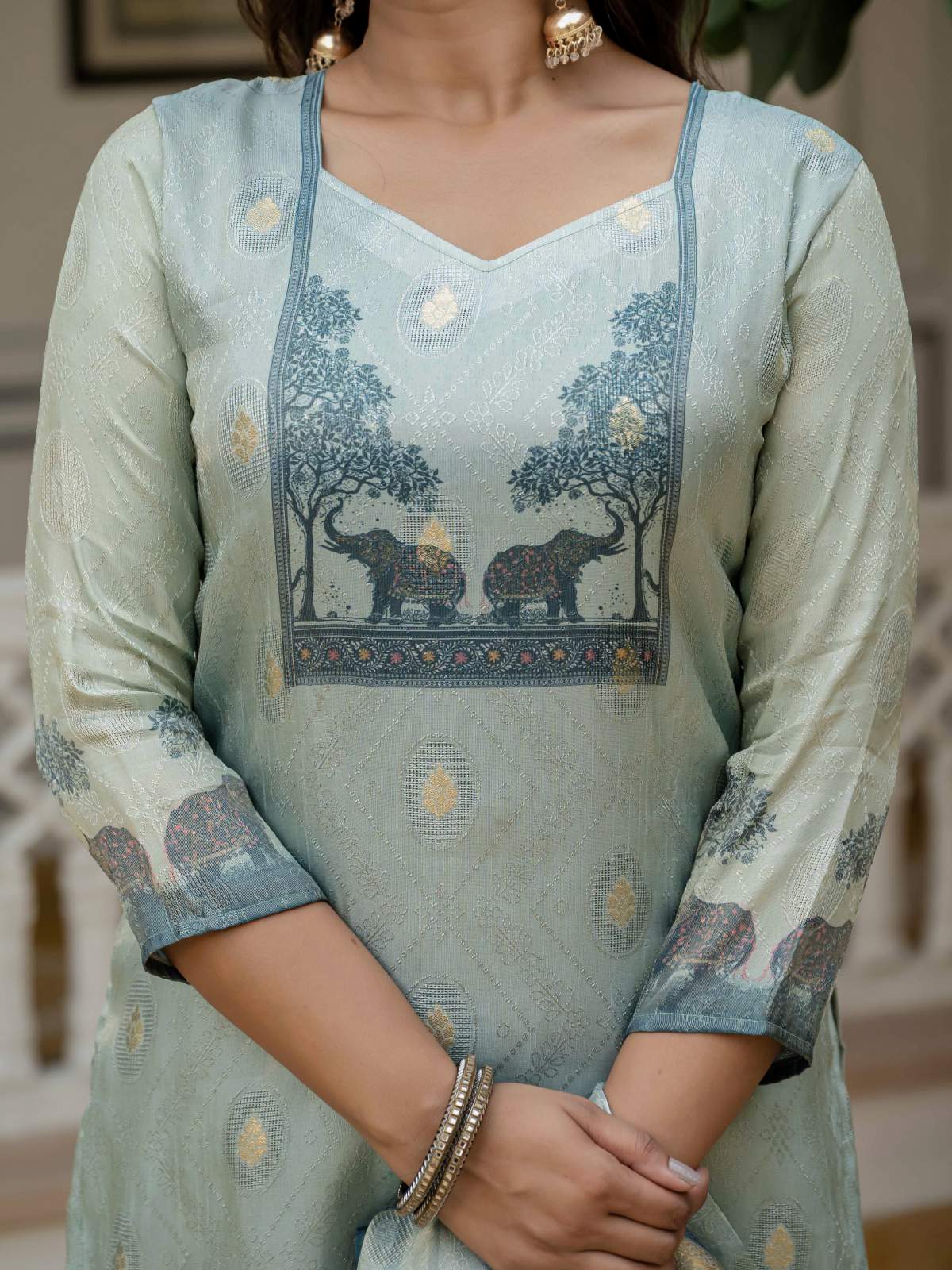 Blue Printed Jacquard Silk With Cotton Lining Kurta Set