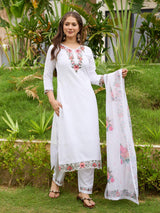 White Thread Embroidery Viscose With Cotton Lining Kurta Set with Dupatta