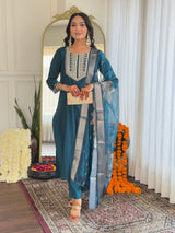 Dark Teal Thread Bsy Viscose Kurta Set with Dupatta Square Neck
